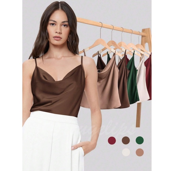 Brown Glamorous Cowl Neck Spaghetti Straps Camisole Top Cami, Draped - Picture 9 of 10